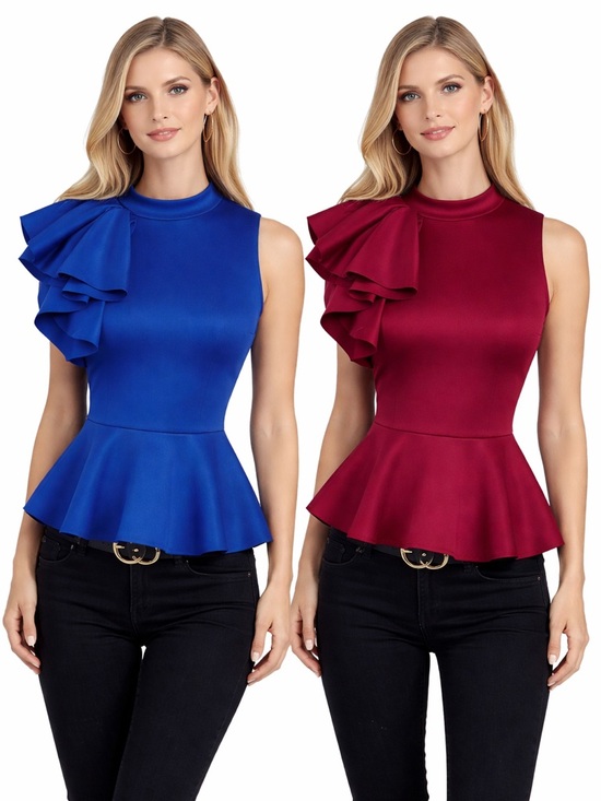 Tops - Side Ruffle Stretch Peplum Top Blue Burgundy